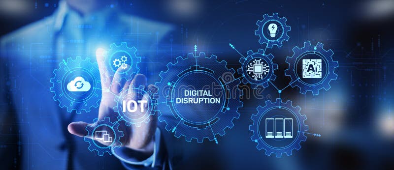 Digital Disruption. Disruptive business ideas. IOT internet of things, network, smart city and machines, big data, cloud royalty free stock photo