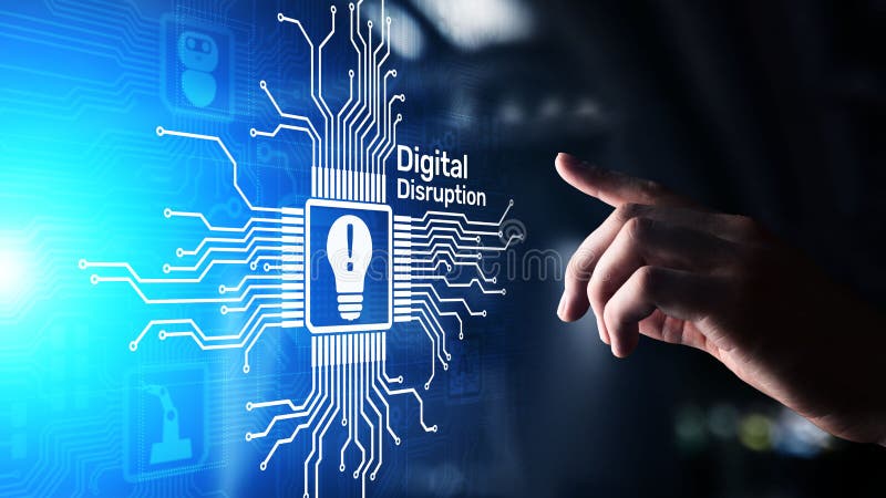 Digital Disruption. Disruptive business ideas. IOT, network, smart city, big data, cloud, analytics, web-scale IT, AI. stock photo