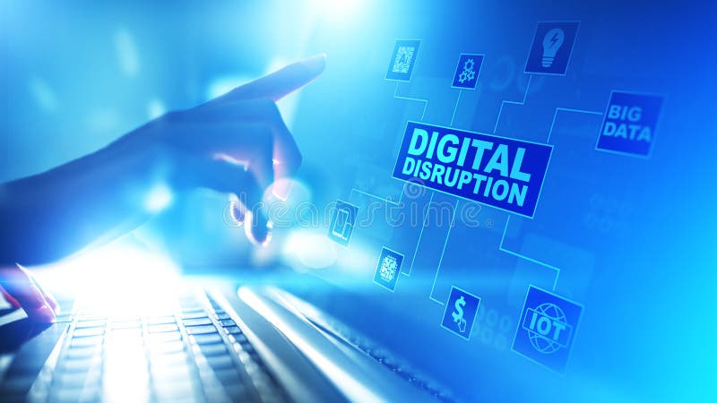 Digital Disruption. Disruptive business ideas. IOT, network, smart city, big data, cloud, analytics, web-scale IT, AI. royalty free stock photography