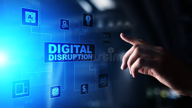 Digital Disruption. Disruptive business ideas. IOT, network, smart city, big data, cloud, analytics, web-scale IT, AI. royalty free stock photo