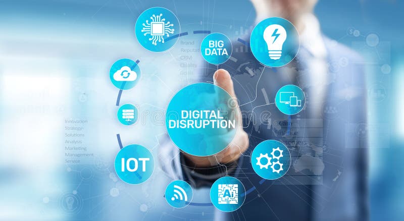 Digital Disruption. Disruptive business ideas. IOT, network, smart city, big data, cloud, analytics, web-scale IT, AI. stock photography