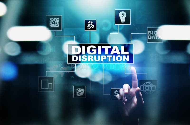 Digital Disruption. Disruptive business ideas. IOT, network, smart city, big data, cloud, analytics, web-scale IT, AI stock images