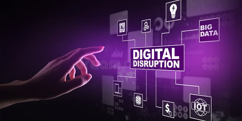 Digital Disruption. Disruptive business ideas. IOT, network, smart city, big data, cloud, analytics, web-scale IT, AI. stock image