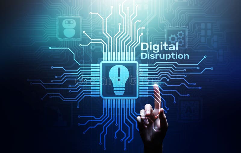 Digital Disruption. Disruptive business ideas. IOT, network, smart city, big data, cloud, analytics, web-scale IT, AI. royalty free stock images