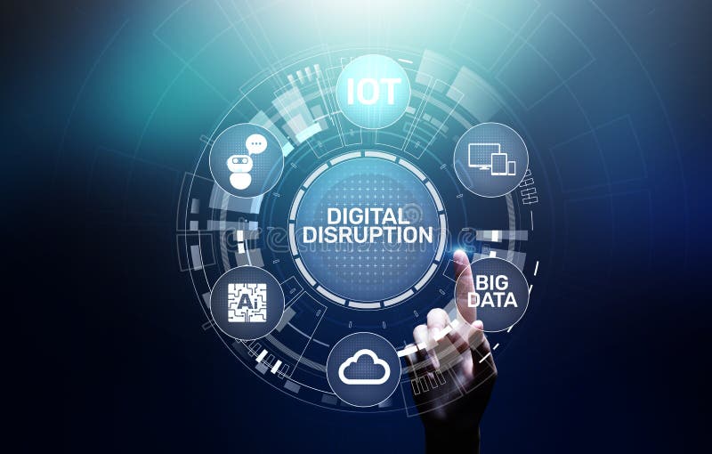 Digital Disruption. Disruptive business ideas. IOT, network, smart city, big data, cloud, analytics, web-scale IT, AI. royalty free stock photography