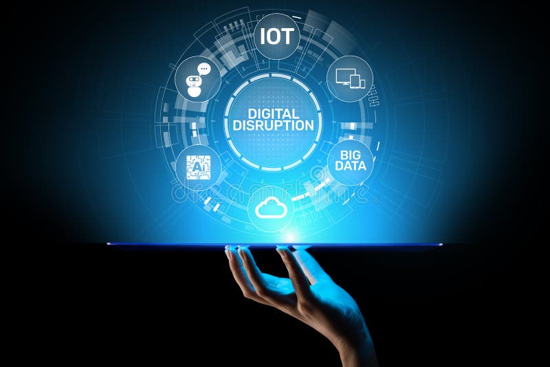 Digital Disruption. Disruptive business ideas. IOT, network, smart city, big data, cloud, analytics, web-scale IT, AI. stock photos