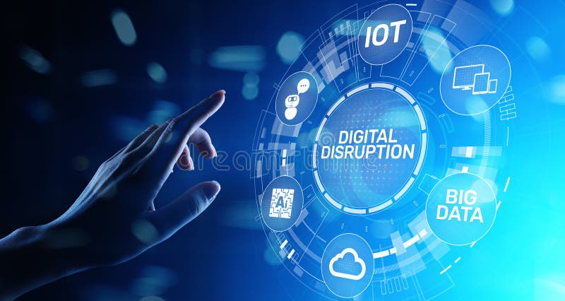 Digital Disruption. Disruptive business ideas. IOT, network, smart city, big data, cloud, analytics, web-scale IT, AI. stock image