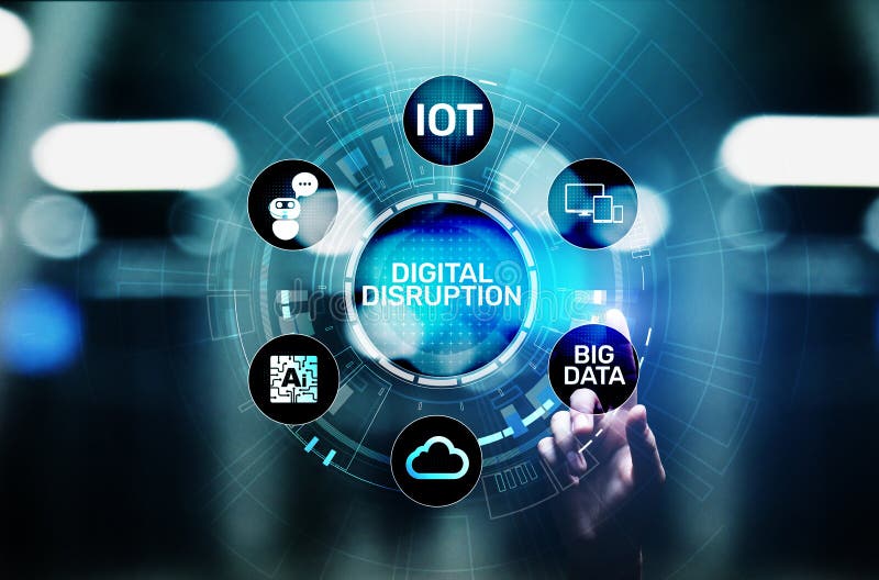 Digital Disruption. Disruptive business ideas. IOT, network, smart city, big data, cloud, analytics, web-scale IT, AI. stock images