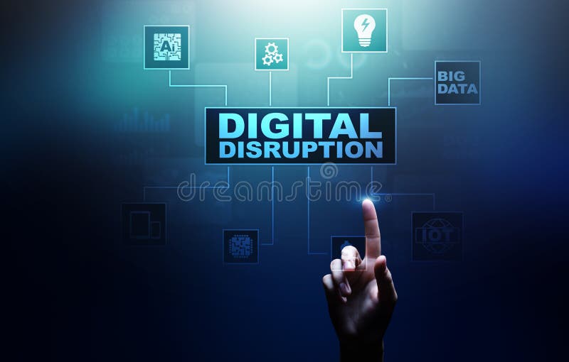 Digital Disruption. Disruptive business ideas. IOT, network, smart city and machines, big data, Artificial intelligence stock image