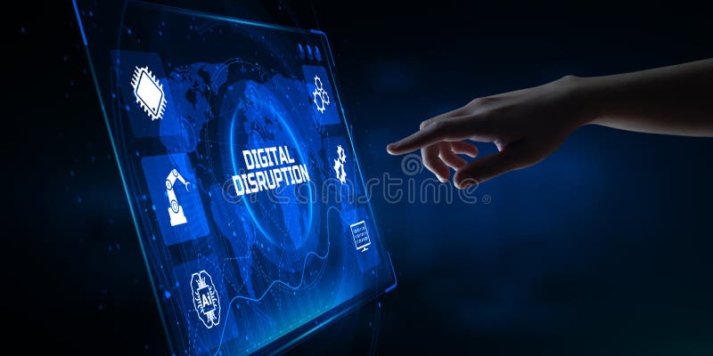Digital disruption Disruptive innovation Business technology transformation. Hand pressing button. stock image