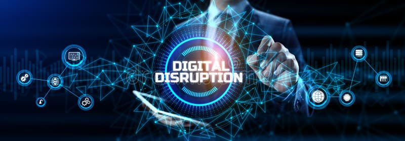 Digital disruption industry transformation technology revolution concept. Businessman pressing button on screen royalty free stock photography