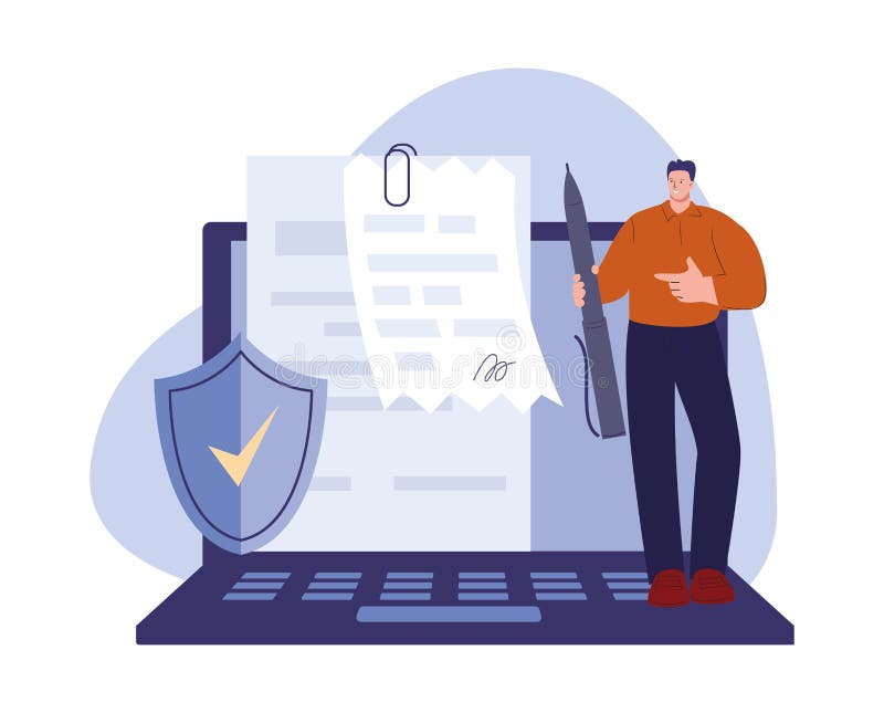 Digital document, contract or bill man signing. Legal online signature, safety self data. Business agreement in internet vector illustration