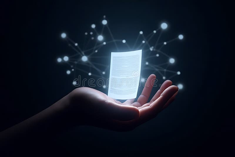 Digital document floats above hand with a network connected to it vector illustration