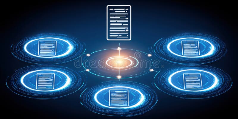Digital Document Management System with Data Circles and Central Document Visualization vector illustration