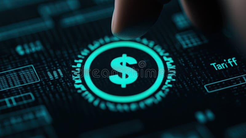 Digital dollar symbol glowing futuristic interface, hand pressing tariff button, financial vector illustration