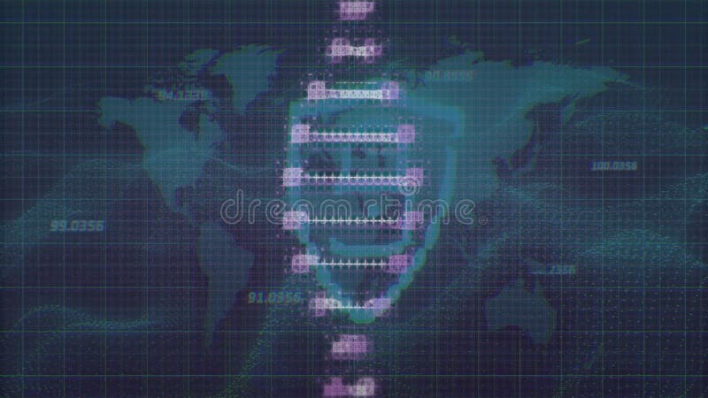 Digital double helix graphic floating over grid and dot map, showing waveform rungs and aqua labels stock footage