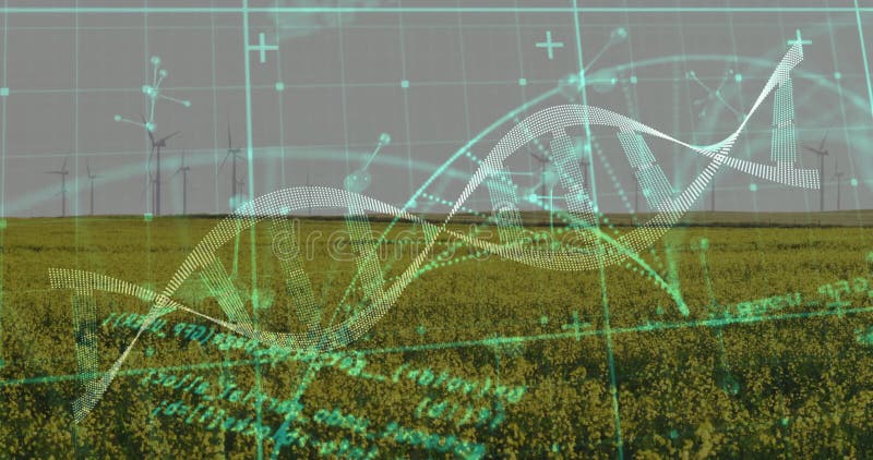 Digital double helix sweeping across farmland, displaying grid lines, nodes, turbine overlays stock footage