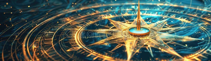Digital drawing of a compass rose with the needle pointing towards success guiding the way forward stock illustration