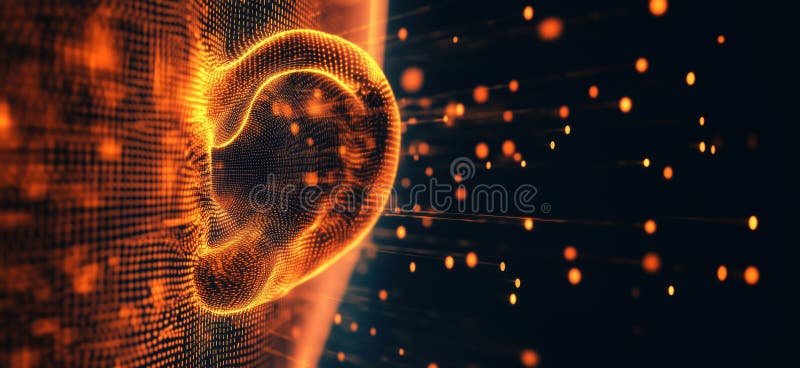 Digital ear representation, glowing particles, abstract design, futuristic technology, vibrant colors, 3D visualization royalty free stock photo