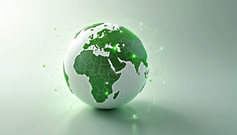 Digital Earth with green network connections represents global connectivity, ecology, environmental sustainability. Modern tech vector illustration