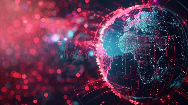 Digital earth rotating in space showing global connections and data flow. Futuristic rotating digital earth with glowing lines and dots symbolizing global communication, data exchange, and advanced technology, set against a backdrop of red bokeh lights AI generated