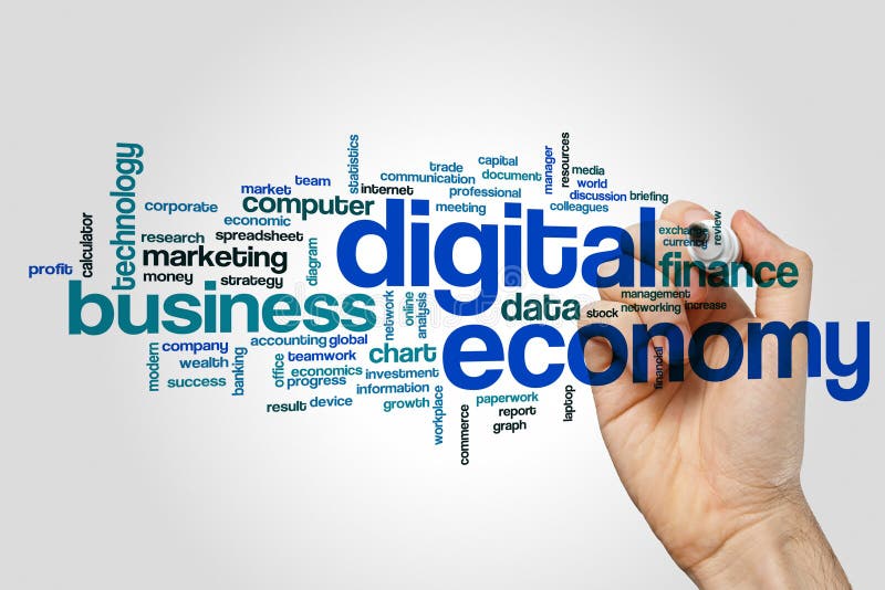 Digital Economy Word Cloud Concept on Grey Background Stock