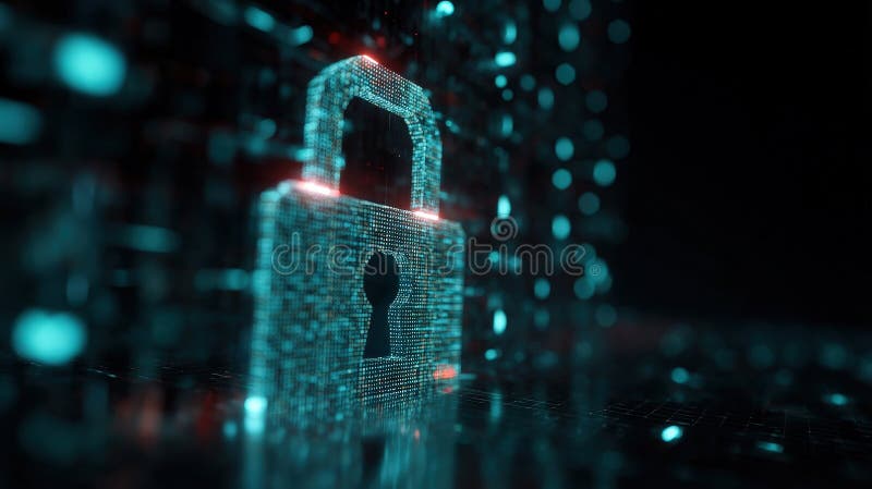 Digital Encryption Concept: Unlocked Padlock in Fiery Binary Code Data royalty free stock image
