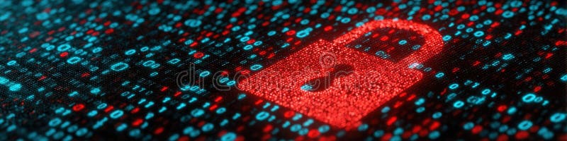 Digital Encryption Concept: Unlocked Padlock in Fiery Binary Code Data stock photography