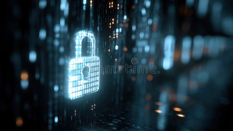 Digital Encryption Concept: Unlocked Padlock in Fiery Binary Code Data royalty free stock images