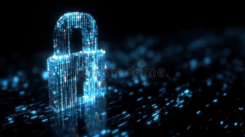Digital Encryption Concept: Unlocked Padlock in Fiery Binary Code Data royalty free stock photography