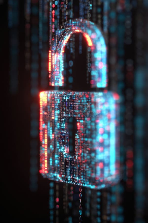 Digital Encryption Concept: Unlocked Padlock in Fiery Binary Code Data royalty free stock photos