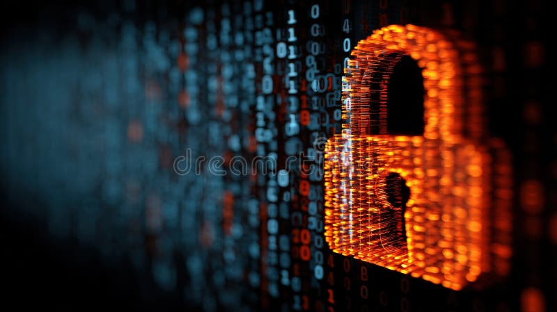 Digital Encryption Concept: Unlocked Padlock in Fiery Binary Code Data stock image