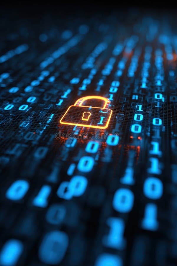 Digital Encryption Concept: Unlocked Padlock in Fiery Binary Code Data royalty free stock image