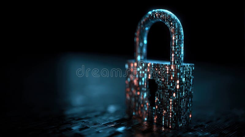 Digital Encryption Concept: Unlocked Padlock in Fiery Binary Code Data royalty free stock photo