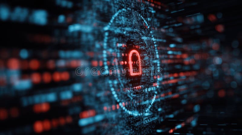 Digital Encryption Concept: Unlocked Padlock in Fiery Binary Code Data stock photo
