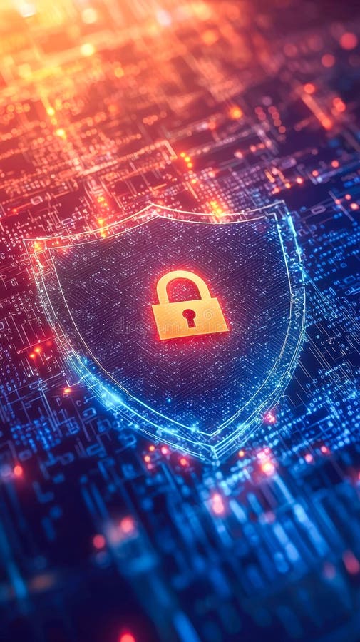 Digital encryption: secure lock shield on glowing circuit board royalty free stock photography