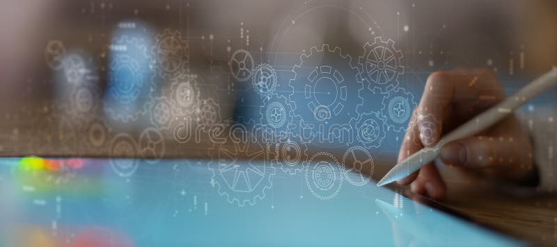 Digital Engineering and Mechanical Design Process Illustrated on a Tablet Interface royalty free stock photo