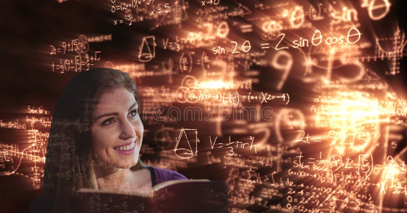 Digital erzeugtes Bild des lächelnden Studenten, der glühende Mathegleichungen betrachtet stockbild Digital erzeugtes Bild des lächelnden Studenten, der glühende Mathegleichungen betrachtet stockbild