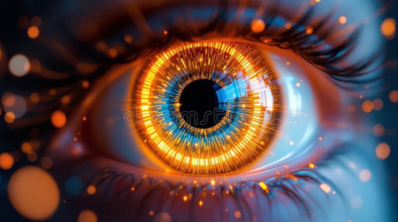 Digital Eye, Futuristic Iris with Glowing Orange and Blue Data Streams, Abstract Sci-Fi Vision vector illustration