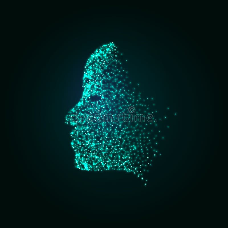 Digital face particles technology concept background. Artificial intelligence machine lerning. Face virtual human royalty free illustration