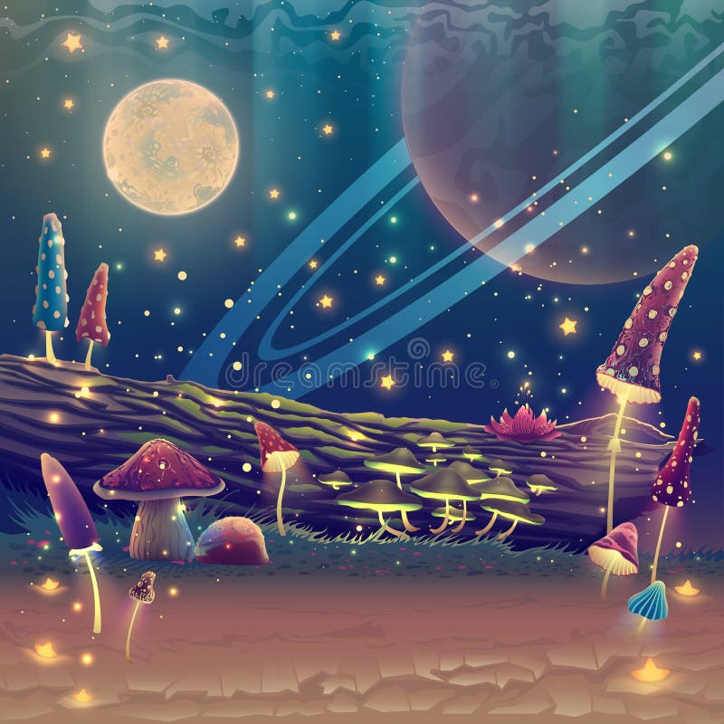 Digital fantasy mushroom garden or magic park illustration, night forest landscape art with stars, moon, planets in space, outdoor fairy tale drawing. Summer nature poster with wonderful colors. Cartoon place card, beautiful wallpaper. Digital fantasy mushroom garden or magic park illustration, night forest landscape art with stars, moon, planets in space, outdoor fairy tale drawing. Summer nature poster with wonderful colors. Cartoon place card, beautiful wallpaper