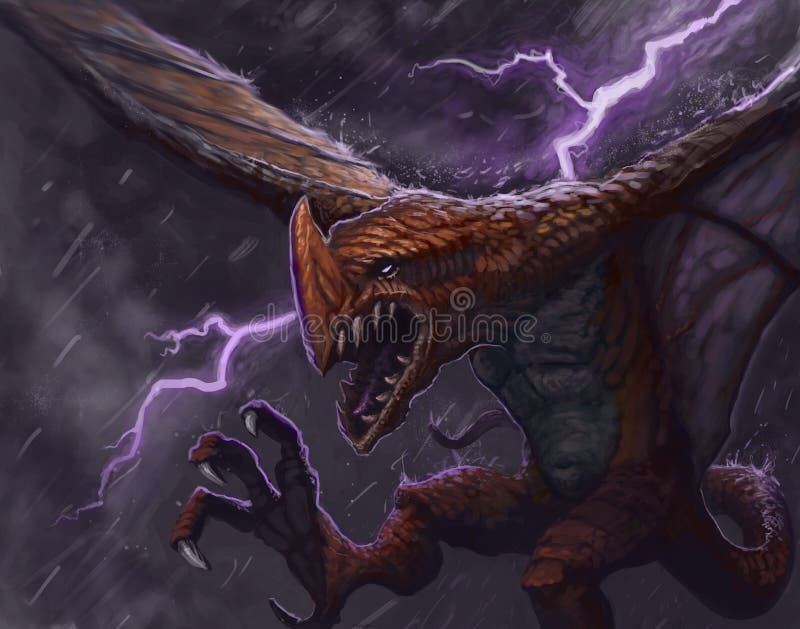 Digital fantasy painting of red dragon creature flying through a lightning storm