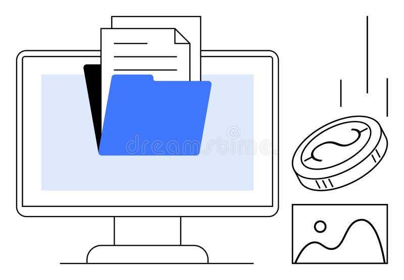 Digital File Management with Folder, Documents, and Data Elements on Computer Screen royalty free illustration