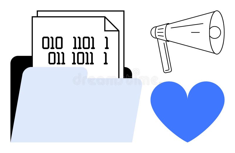 Digital File Storage with Binary Data, Communication, and Love Symbol stock illustration