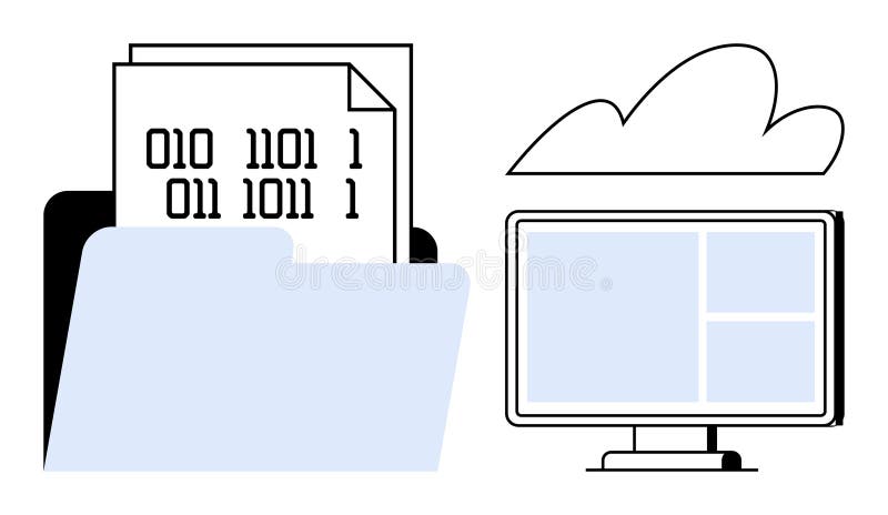 Digital File Storage and Cloud Computing Representation with Binary Code and Monitor Interface. Open folder holding binary code documents, cloud symbol above, and a computer monitor showcasing software interface. Ideal for data storage, cloud computing, coding, file sharing, programming