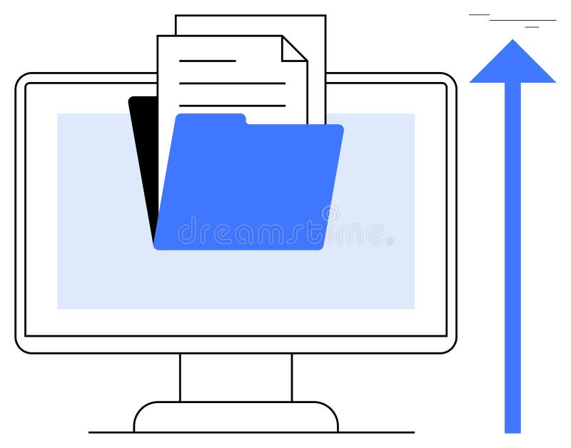 Digital File Upload with Folder and Documents Displayed on Computer Screen stock illustration