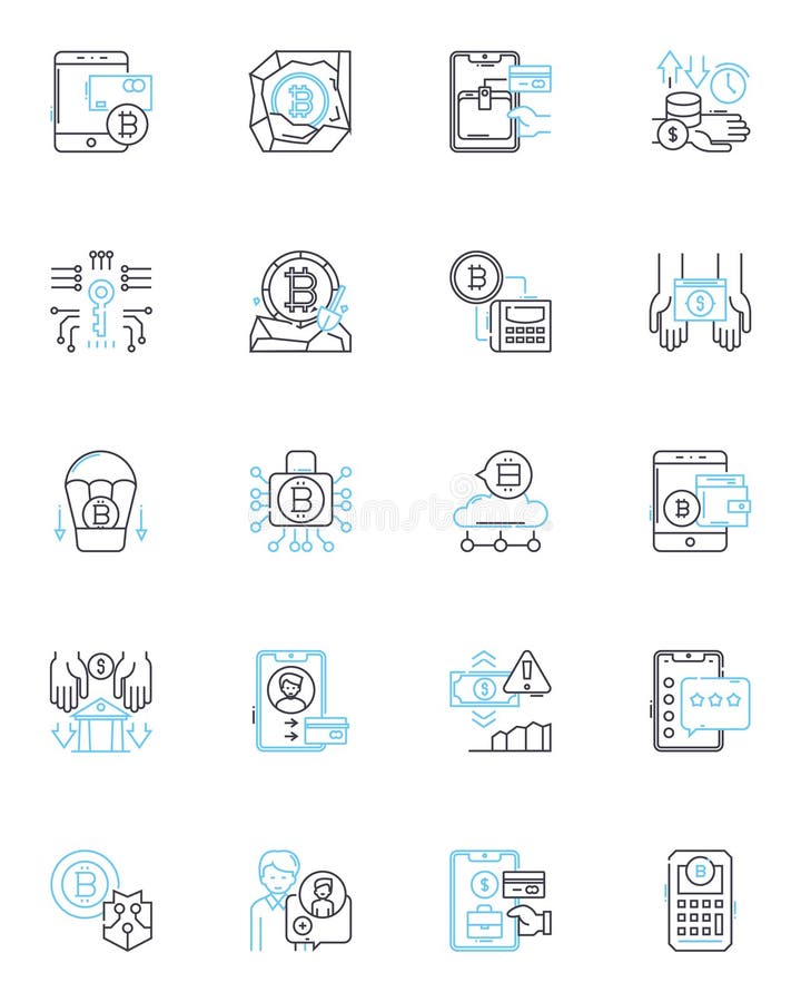 Digital finance linear icons set. Cryptocurrency, Fintech, Blockchain, Mobile payments, E-commerce, Digital wallets royalty free illustration