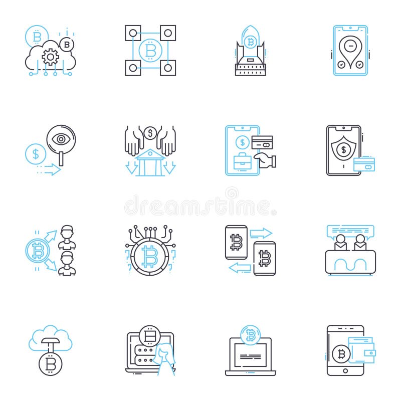 Digital finance linear icons set. Cryptocurrency, Fintech, Blockchain, Mobile payments, E-commerce, Digital wallets royalty free illustration