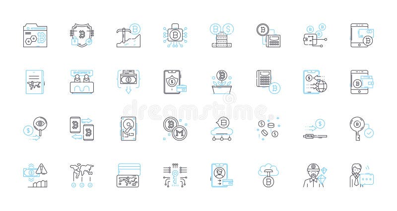Digital finance linear icons set. Cryptocurrency, Fintech, Blockchain, Mobile payments, E-commerce, Digital wallets royalty free illustration
