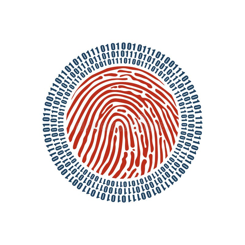 Digital-Fingerabdruck und binäre Stellen und null im Kreis um ihn Das Wort der roten Farbe gelegen über Text der weißen Farbe dig vektor abbildung